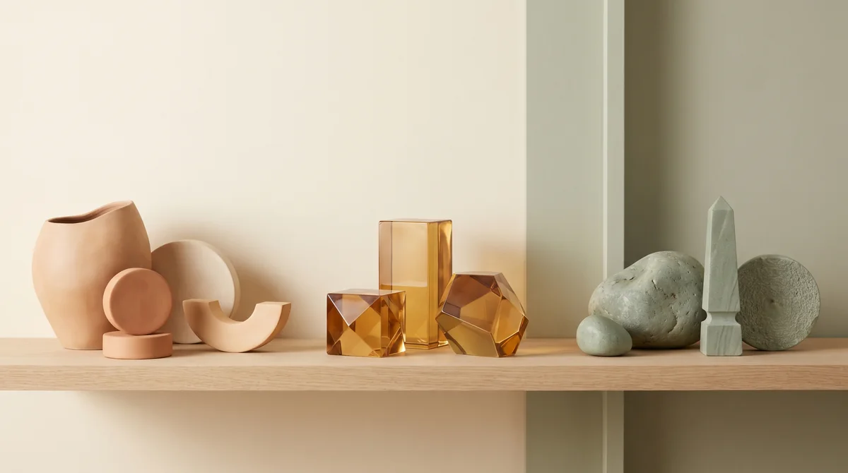 Trzy grupy ceramicznych, szklanych i kamiennych przedmiotów — symboliczna ilustracja.